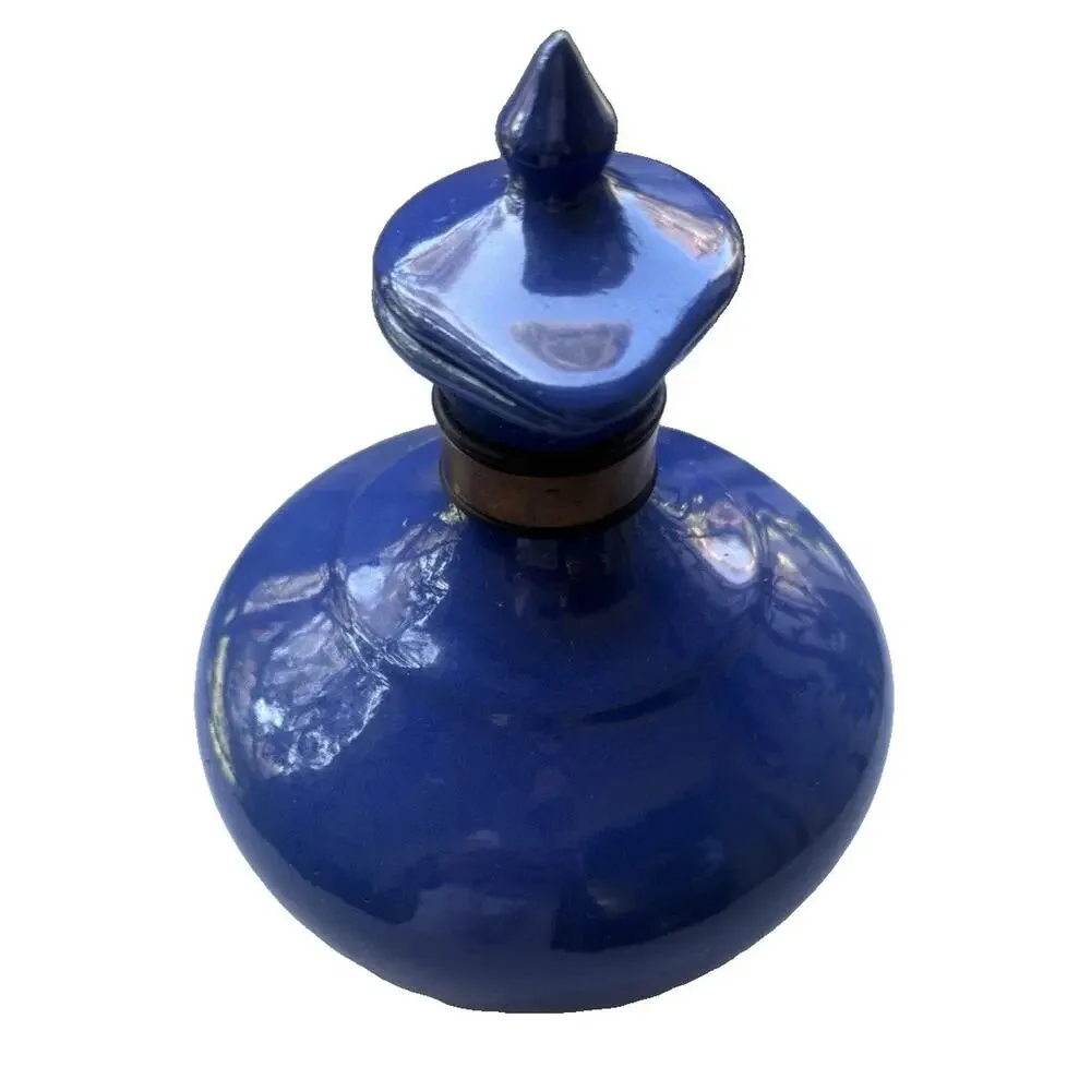 Vintage Bauer Pottery Plainware Blue Coffee Carafe Pitcher Wood Handle Lid MCM